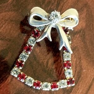 Vintage Christmas Bell Silver Brooch Pin Holiday Jewelry Festive Red & White